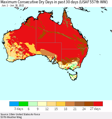 Australia Maximum Consecutive Dry Days in past 30 days (USAF 557th WW) 06/30/2022 Thematic Map For 6/26/2022 - 6/30/2022