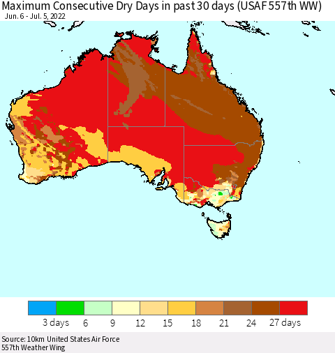 Australia Maximum Consecutive Dry Days in past 30 days (USAF 557th WW) 07/05/2022 Thematic Map For 7/1/2022 - 7/5/2022