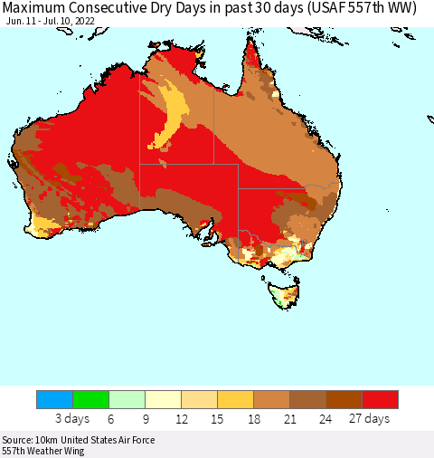 Australia Maximum Consecutive Dry Days in past 30 days (USAF 557th WW) 07/10/2022 Thematic Map For 7/6/2022 - 7/10/2022