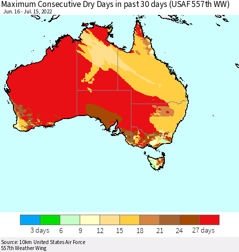 Australia Maximum Consecutive Dry Days in past 30 days (USAF 557th WW) 07/15/2022 Thematic Map For 7/11/2022 - 7/15/2022