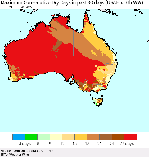 Australia Maximum Consecutive Dry Days in past 30 days (USAF 557th WW) 07/20/2022 Thematic Map For 7/16/2022 - 7/20/2022