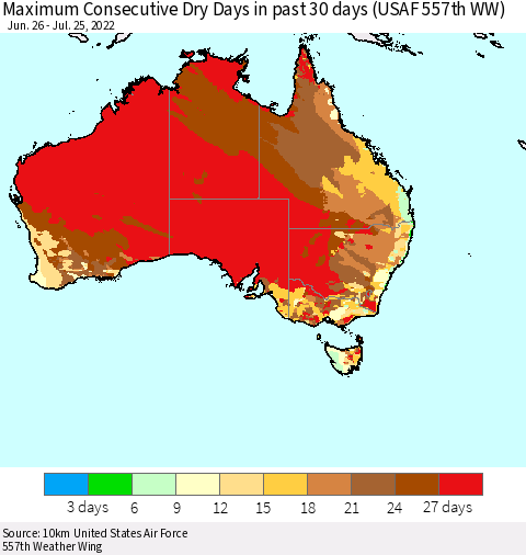 Australia Maximum Consecutive Dry Days in past 30 days (USAF 557th WW) 07/25/2022 Thematic Map For 7/21/2022 - 7/25/2022