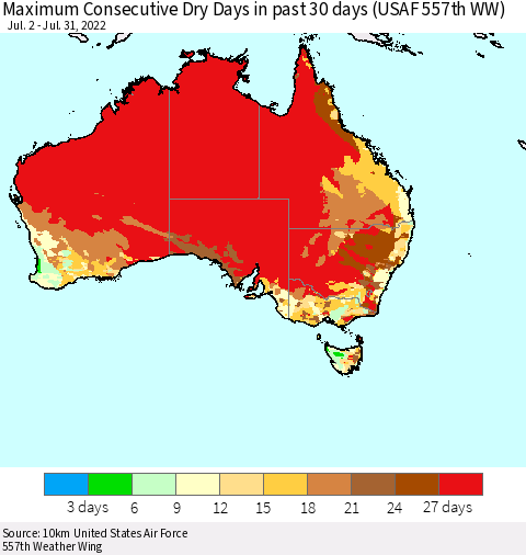 Australia Maximum Consecutive Dry Days in past 30 days (USAF 557th WW) 07/31/2022 Thematic Map For 7/26/2022 - 7/31/2022