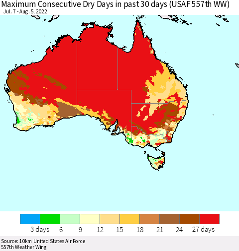 Australia Maximum Consecutive Dry Days in past 30 days (USAF 557th WW) 08/05/2022 Thematic Map For 8/1/2022 - 8/5/2022