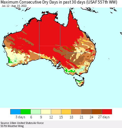 Australia Maximum Consecutive Dry Days in past 30 days (USAF 557th WW) 08/10/2022 Thematic Map For 8/6/2022 - 8/10/2022