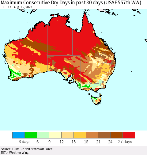 Australia Maximum Consecutive Dry Days in past 30 days (USAF 557th WW) 08/15/2022 Thematic Map For 8/11/2022 - 8/15/2022