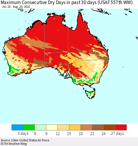 Australia Maximum Consecutive Dry Days in past 30 days (USAF 557th WW) 08/20/2022 Thematic Map For 8/16/2022 - 8/20/2022