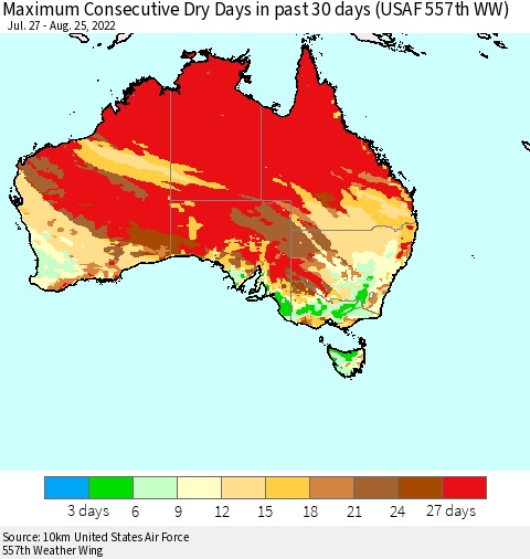Australia Maximum Consecutive Dry Days in past 30 days (USAF 557th WW) 08/25/2022 Thematic Map For 8/21/2022 - 8/25/2022