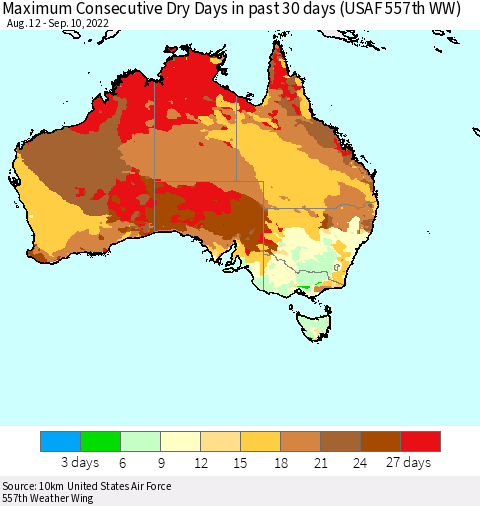 Australia Maximum Consecutive Dry Days in past 30 days (USAF 557th WW) 09/10/2022 Thematic Map For 9/6/2022 - 9/10/2022