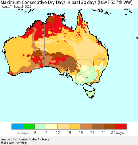 Australia Maximum Consecutive Dry Days in past 30 days (USAF 557th WW) 09/15/2022 Thematic Map For 9/11/2022 - 9/15/2022