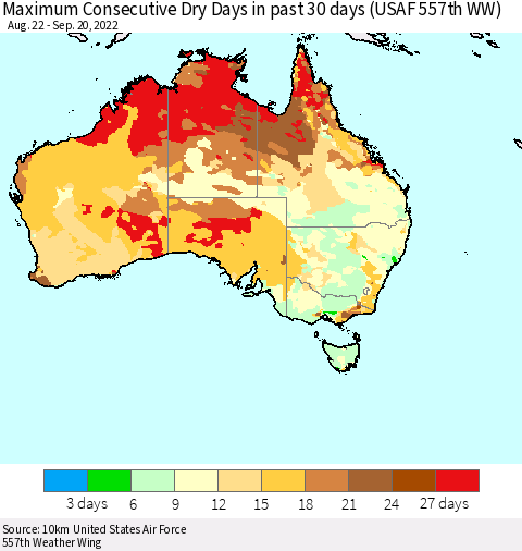 Australia Maximum Consecutive Dry Days in past 30 days (USAF 557th WW) 09/20/2022 Thematic Map For 9/16/2022 - 9/20/2022