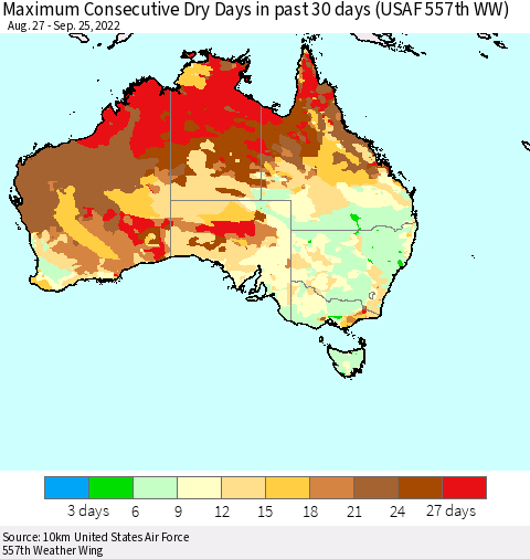 Australia Maximum Consecutive Dry Days in past 30 days (USAF 557th WW) 09/25/2022 Thematic Map For 9/21/2022 - 9/25/2022