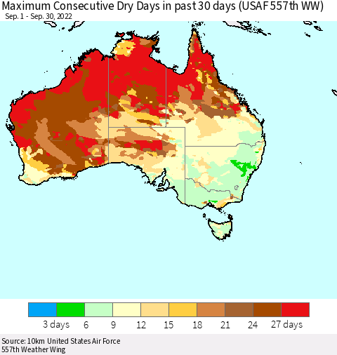 Australia Maximum Consecutive Dry Days in past 30 days (USAF 557th WW) 09/30/2022 Thematic Map For 9/26/2022 - 9/30/2022