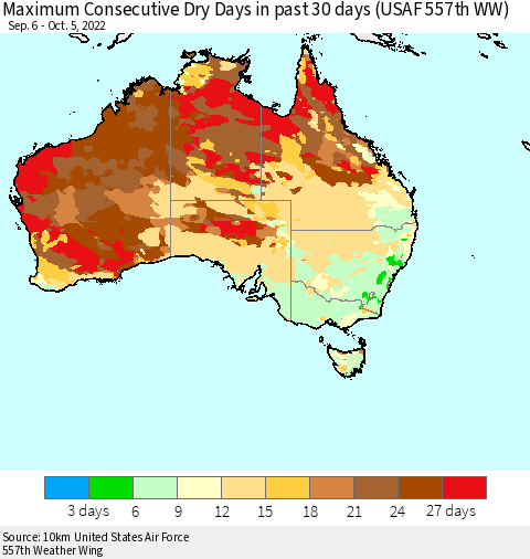 Australia Maximum Consecutive Dry Days in past 30 days (USAF 557th WW) 10/05/2022 Thematic Map For 10/1/2022 - 10/5/2022