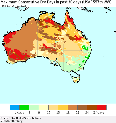Australia Maximum Consecutive Dry Days in past 30 days (USAF 557th WW) 10/10/2022 Thematic Map For 10/6/2022 - 10/10/2022