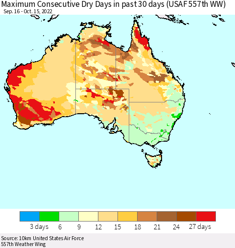 Australia Maximum Consecutive Dry Days in past 30 days (USAF 557th WW) 10/15/2022 Thematic Map For 10/11/2022 - 10/15/2022