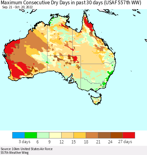 Australia Maximum Consecutive Dry Days in past 30 days (USAF 557th WW) 10/20/2022 Thematic Map For 10/16/2022 - 10/20/2022