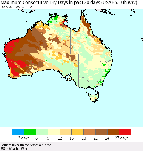 Australia Maximum Consecutive Dry Days in past 30 days (USAF 557th WW) 10/25/2022 Thematic Map For 10/21/2022 - 10/25/2022