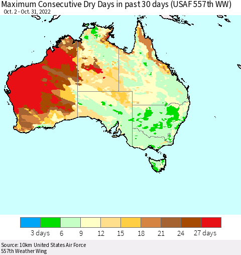 Australia Maximum Consecutive Dry Days in past 30 days (USAF 557th WW) 10/31/2022 Thematic Map For 10/26/2022 - 10/31/2022