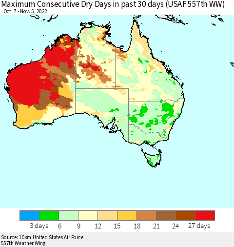 Australia Maximum Consecutive Dry Days in past 30 days (USAF 557th WW) 11/05/2022 Thematic Map For 11/1/2022 - 11/5/2022
