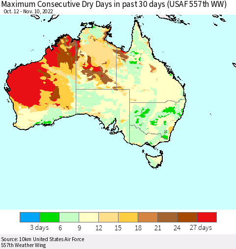 Australia Maximum Consecutive Dry Days in past 30 days (USAF 557th WW) 11/10/2022 Thematic Map For 11/6/2022 - 11/10/2022