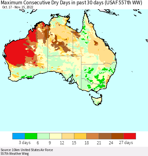 Australia Maximum Consecutive Dry Days in past 30 days (USAF 557th WW) 11/15/2022 Thematic Map For 11/11/2022 - 11/15/2022