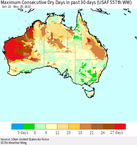 Australia Maximum Consecutive Dry Days in past 30 days (USAF 557th WW) 11/20/2022 Thematic Map For 11/16/2022 - 11/20/2022