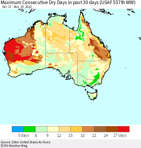 Australia Maximum Consecutive Dry Days in past 30 days (USAF 557th WW) 11/25/2022 Thematic Map For 11/21/2022 - 11/25/2022