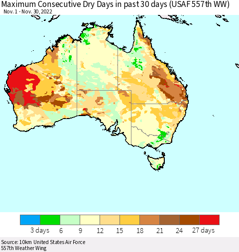 Australia Maximum Consecutive Dry Days in past 30 days (USAF 557th WW) 11/30/2022 Thematic Map For 11/26/2022 - 11/30/2022