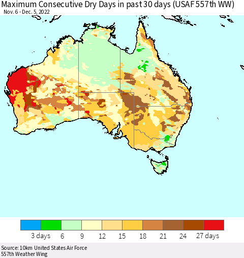 Australia Maximum Consecutive Dry Days in past 30 days (USAF 557th WW) 12/05/2022 Thematic Map For 12/1/2022 - 12/5/2022