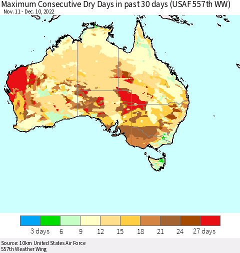 Australia Maximum Consecutive Dry Days in past 30 days (USAF 557th WW) 12/10/2022 Thematic Map For 12/6/2022 - 12/10/2022