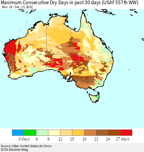 Australia Maximum Consecutive Dry Days in past 30 days (USAF 557th WW) 12/15/2022 Thematic Map For 12/11/2022 - 12/15/2022