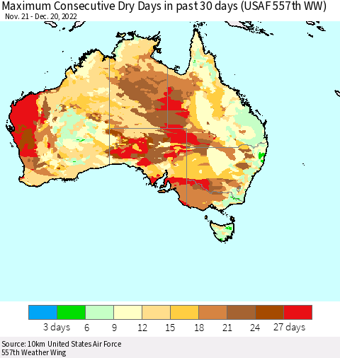 Australia Maximum Consecutive Dry Days in past 30 days (USAF 557th WW) 12/20/2022 Thematic Map For 12/16/2022 - 12/20/2022