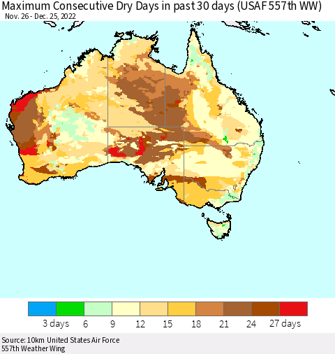 Australia Maximum Consecutive Dry Days in past 30 days (USAF 557th WW) 12/25/2022 Thematic Map For 12/21/2022 - 12/25/2022