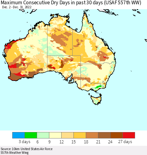 Australia Maximum Consecutive Dry Days in past 30 days (USAF 557th WW) 12/31/2022 Thematic Map For 12/26/2022 - 12/31/2022