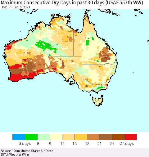 Australia Maximum Consecutive Dry Days in past 30 days (USAF 557th WW) 01/05/2023 Thematic Map For 1/1/2023 - 1/5/2023