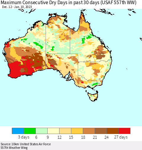 Australia Maximum Consecutive Dry Days in past 30 days (USAF 557th WW) 01/10/2023 Thematic Map For 1/6/2023 - 1/10/2023