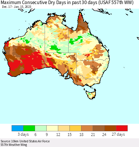 Australia Maximum Consecutive Dry Days in past 30 days (USAF 557th WW) 01/15/2023 Thematic Map For 1/11/2023 - 1/15/2023