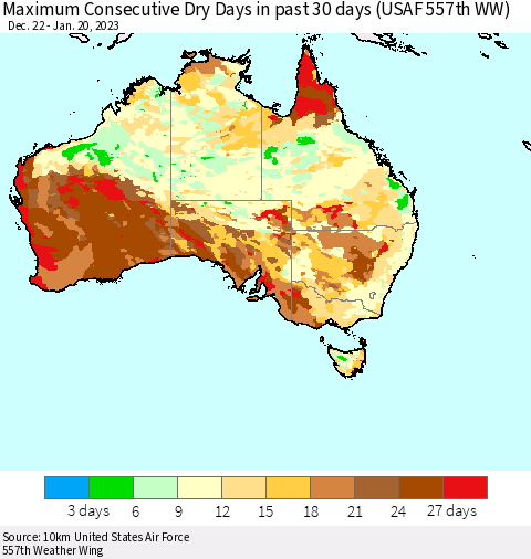Australia Maximum Consecutive Dry Days in past 30 days (USAF 557th WW) 01/20/2023 Thematic Map For 1/16/2023 - 1/20/2023
