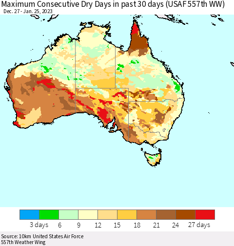 Australia Maximum Consecutive Dry Days in past 30 days (USAF 557th WW) 01/25/2023 Thematic Map For 1/21/2023 - 1/25/2023