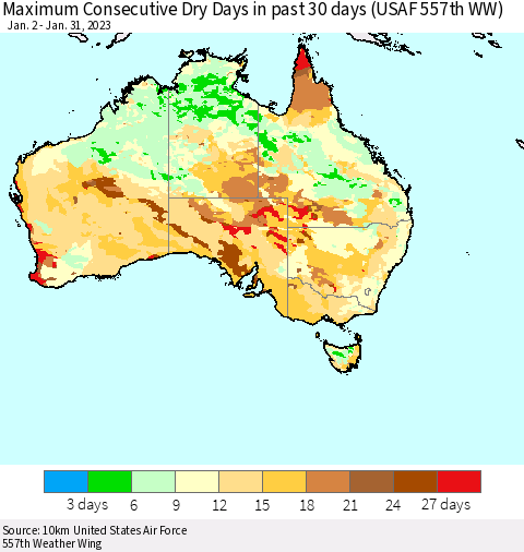 Australia Maximum Consecutive Dry Days in past 30 days (USAF 557th WW) 01/31/2023 Thematic Map For 1/26/2023 - 1/31/2023