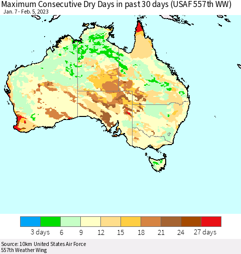 Australia Maximum Consecutive Dry Days in past 30 days (USAF 557th WW) 02/05/2023 Thematic Map For 2/1/2023 - 2/5/2023