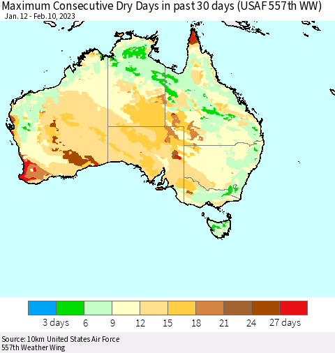 Australia Maximum Consecutive Dry Days in past 30 days (USAF 557th WW) 02/10/2023 Thematic Map For 2/6/2023 - 2/10/2023