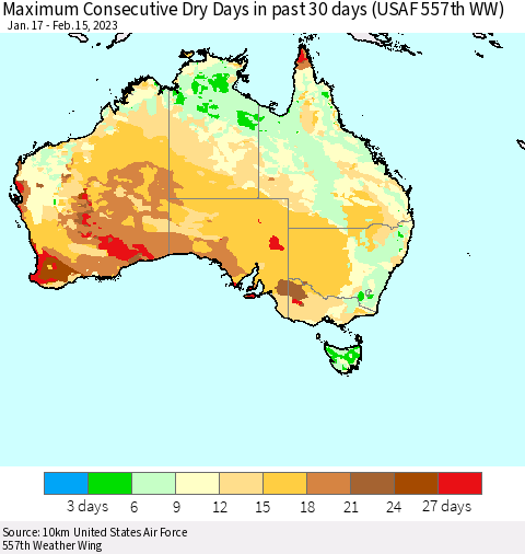Australia Maximum Consecutive Dry Days in past 30 days (USAF 557th WW) 02/15/2023 Thematic Map For 2/11/2023 - 2/15/2023