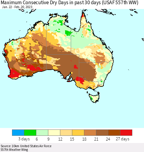 Australia Maximum Consecutive Dry Days in past 30 days (USAF 557th WW) 02/20/2023 Thematic Map For 2/16/2023 - 2/20/2023