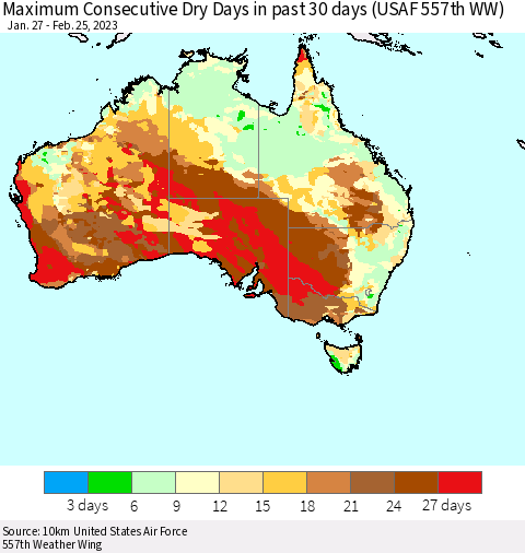 Australia Maximum Consecutive Dry Days in past 30 days (USAF 557th WW) 02/25/2023 Thematic Map For 2/21/2023 - 2/25/2023