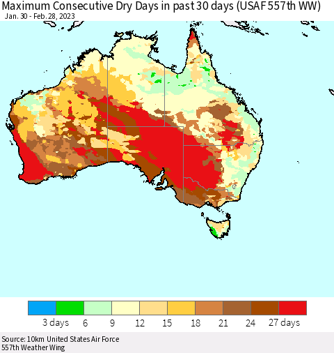 Australia Maximum Consecutive Dry Days in past 30 days (USAF 557th WW) 02/28/2023 Thematic Map For 2/26/2023 - 2/28/2023