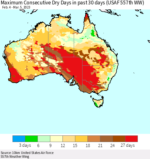 Australia Maximum Consecutive Dry Days in past 30 days (USAF 557th WW) 03/05/2023 Thematic Map For 3/1/2023 - 3/5/2023