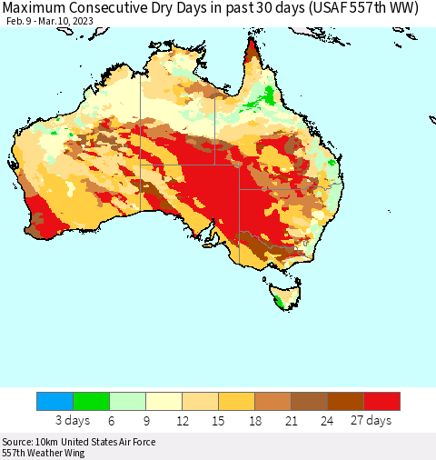 Australia Maximum Consecutive Dry Days in past 30 days (USAF 557th WW) 03/10/2023 Thematic Map For 3/6/2023 - 3/10/2023