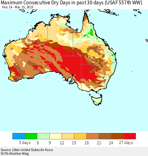 Australia Maximum Consecutive Dry Days in past 30 days (USAF 557th WW) 03/15/2023 Thematic Map For 3/11/2023 - 3/15/2023